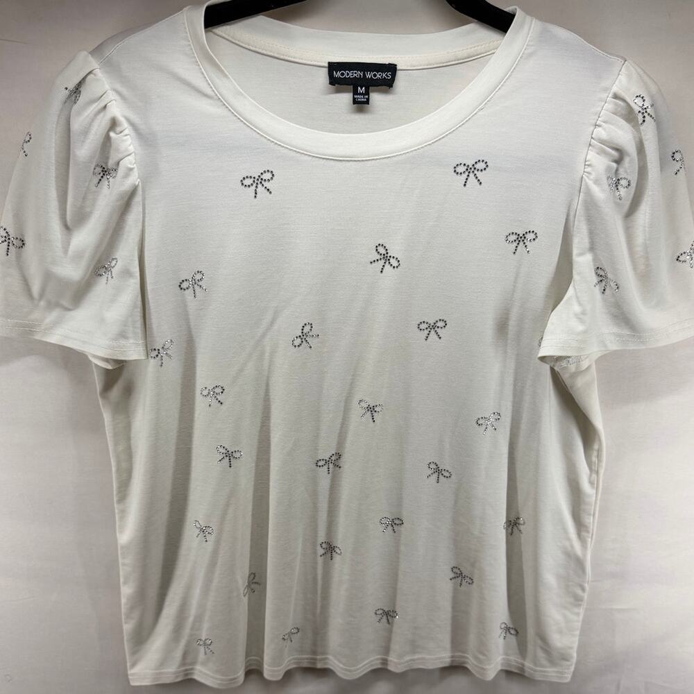Modern Works Womens Medium Off-White Rhinestone Crystal Bow Puff Sleeve Boho Top